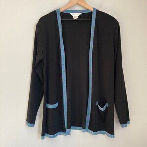 Misook Open Front Multicolor Trim Longline Cardigan Small Black Slinky Pockets